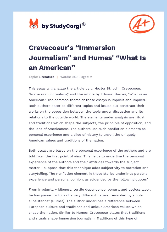 Crevecoeur's “Immersion Journalism” and Humes' “What Is an American”. Page 1