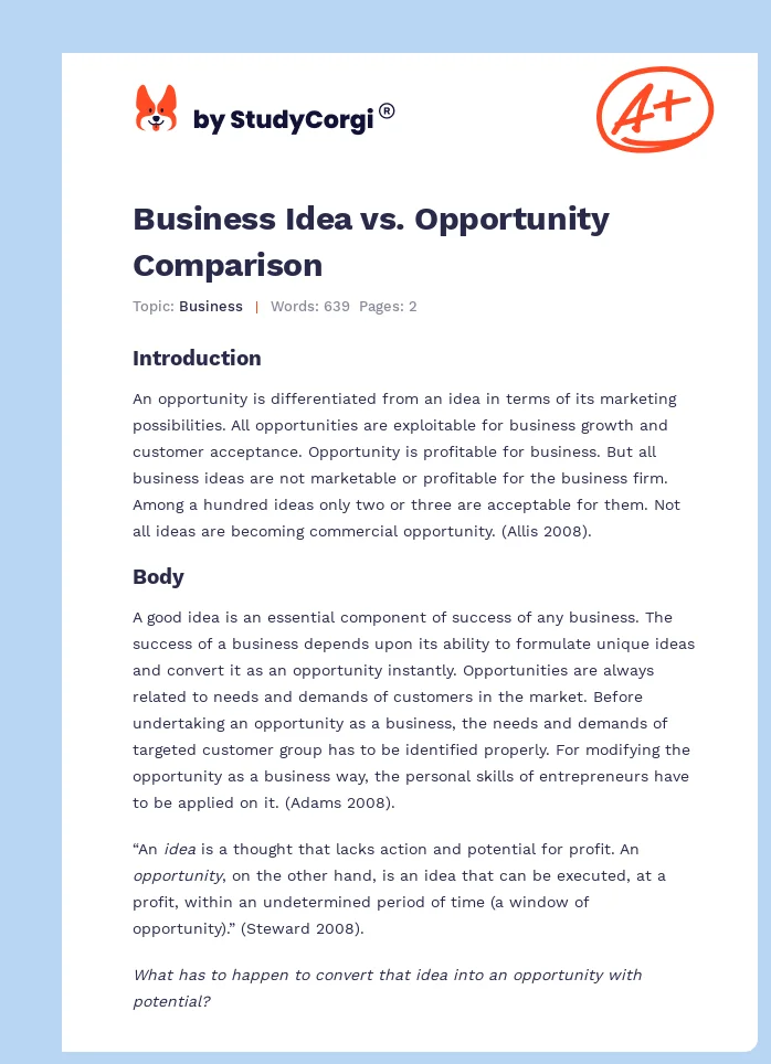 Business Idea vs. Opportunity Comparison. Page 1