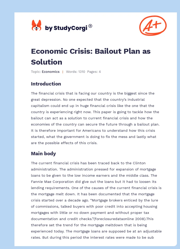 Economic Crisis: Bailout Plan as Solution. Page 1