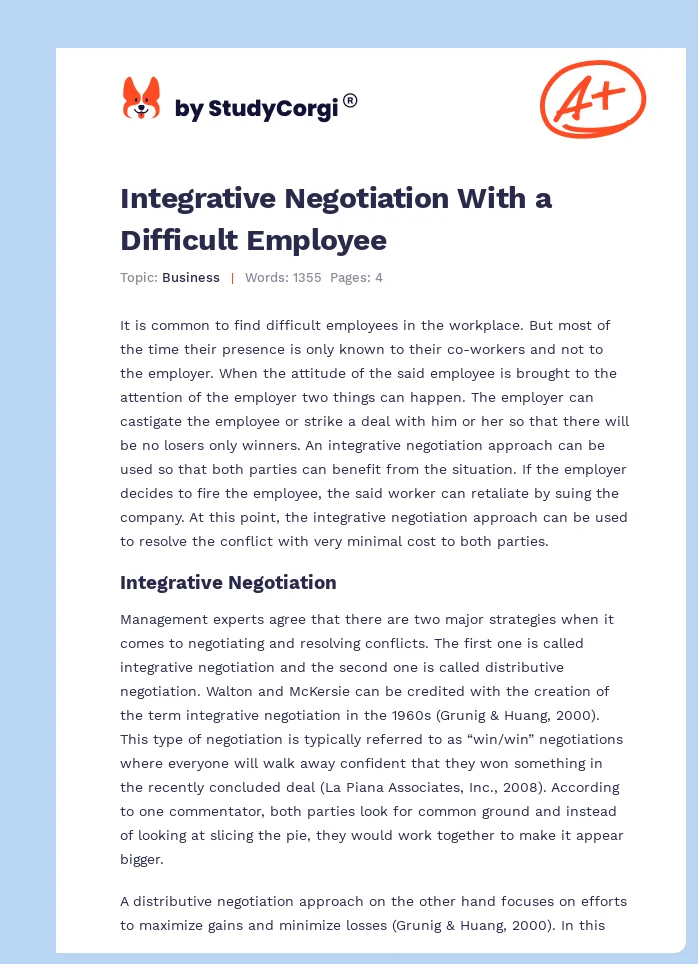 Integrative Negotiation With a Difficult Employee. Page 1