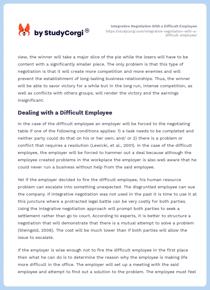 Integrative Negotiation With a Difficult Employee. Page 2