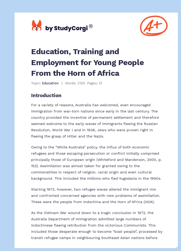 Education, Training and Employment for Young People From the Horn of Africa. Page 1