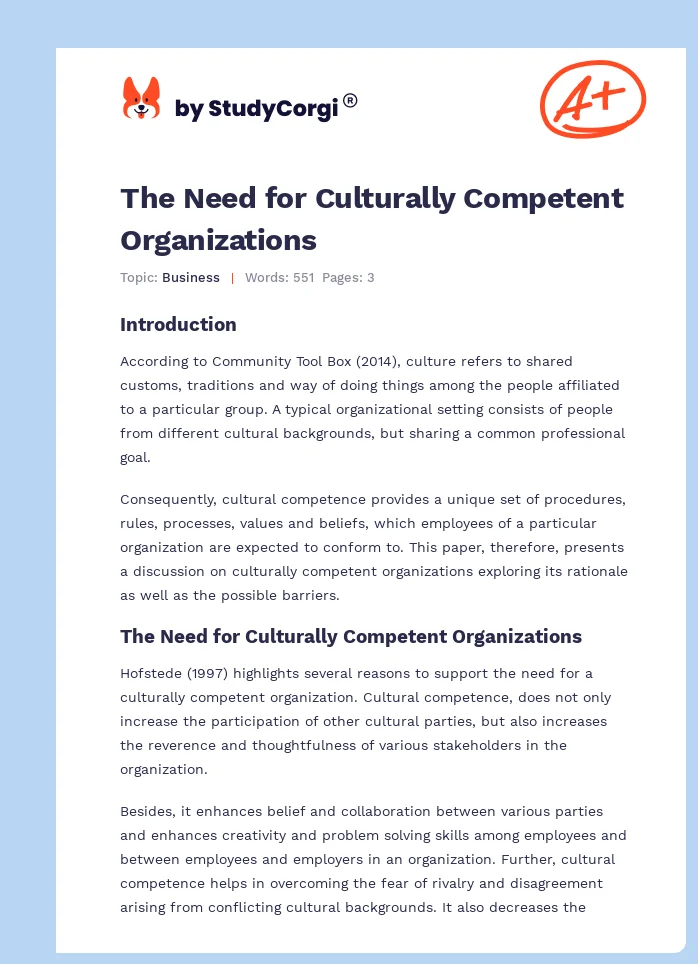 The Need for Culturally Competent Organizations. Page 1