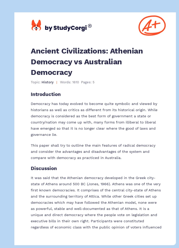 Ancient Civilizations: Athenian Democracy vs Australian Democracy. Page 1