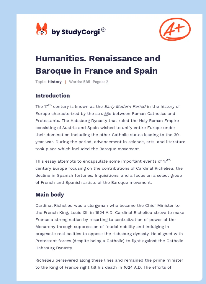 Humanities. Renaissance and Baroque in France and Spain. Page 1