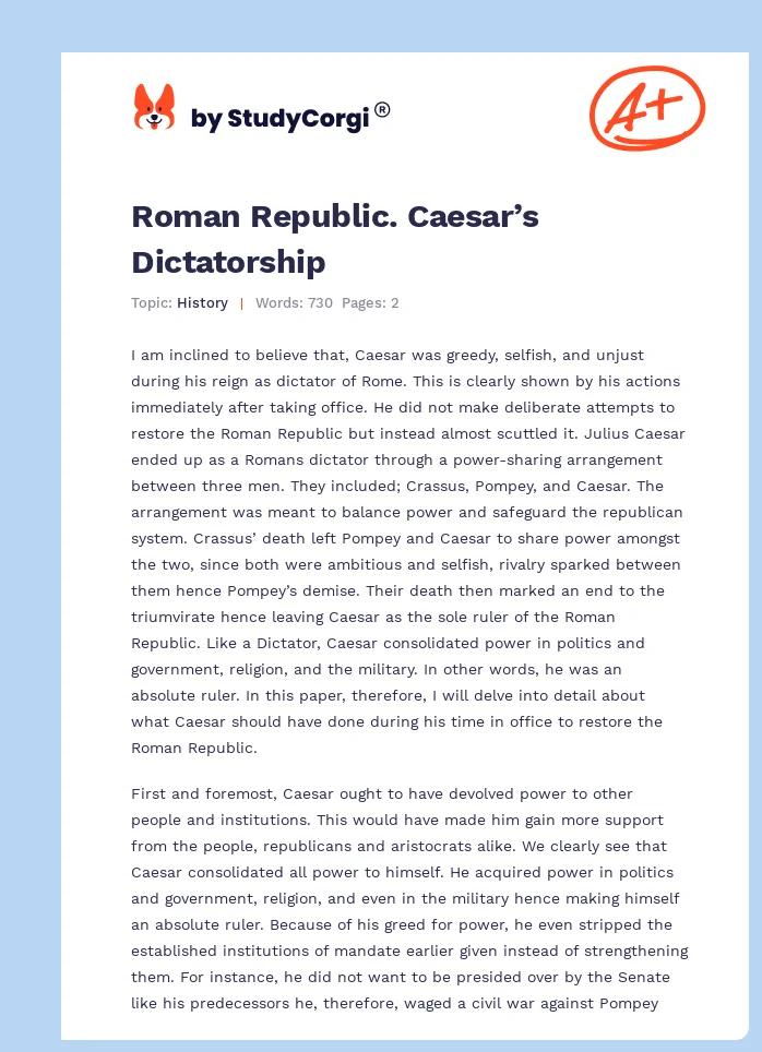 Roman Republic. Caesar’s Dictatorship. Page 1