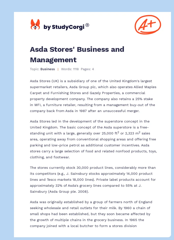 Asda Stores' Business and Management. Page 1