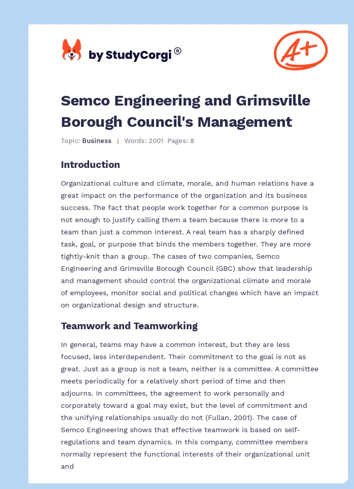 Semco Engineering and Grimsville Borough Council's Management. Page 1