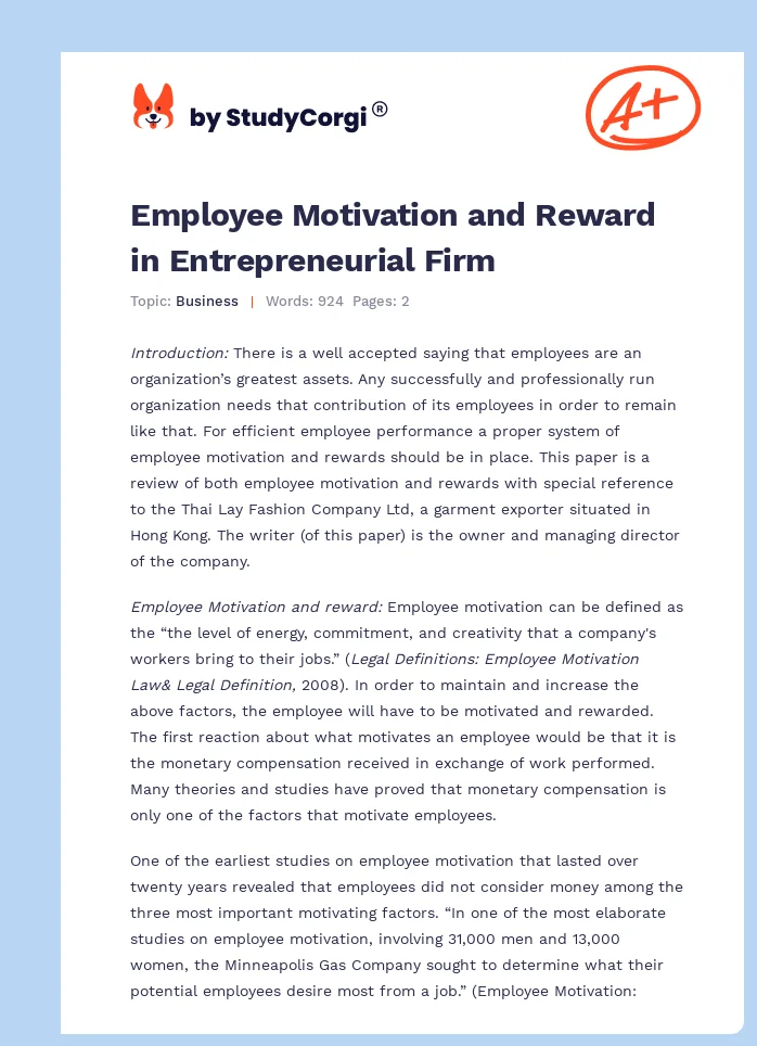Employee Motivation and Reward in Entrepreneurial Firm. Page 1