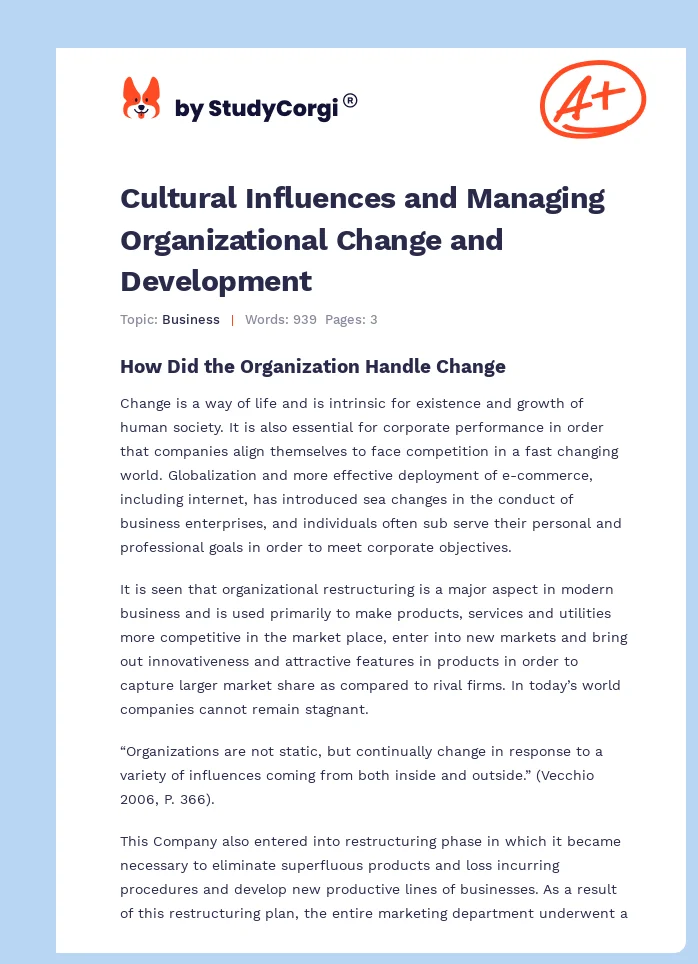 Cultural Influences and Managing Organizational Change and Development. Page 1