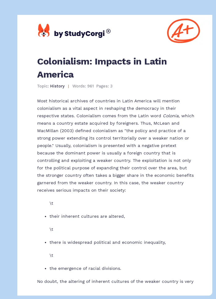 Colonialism: Impacts in Latin America. Page 1