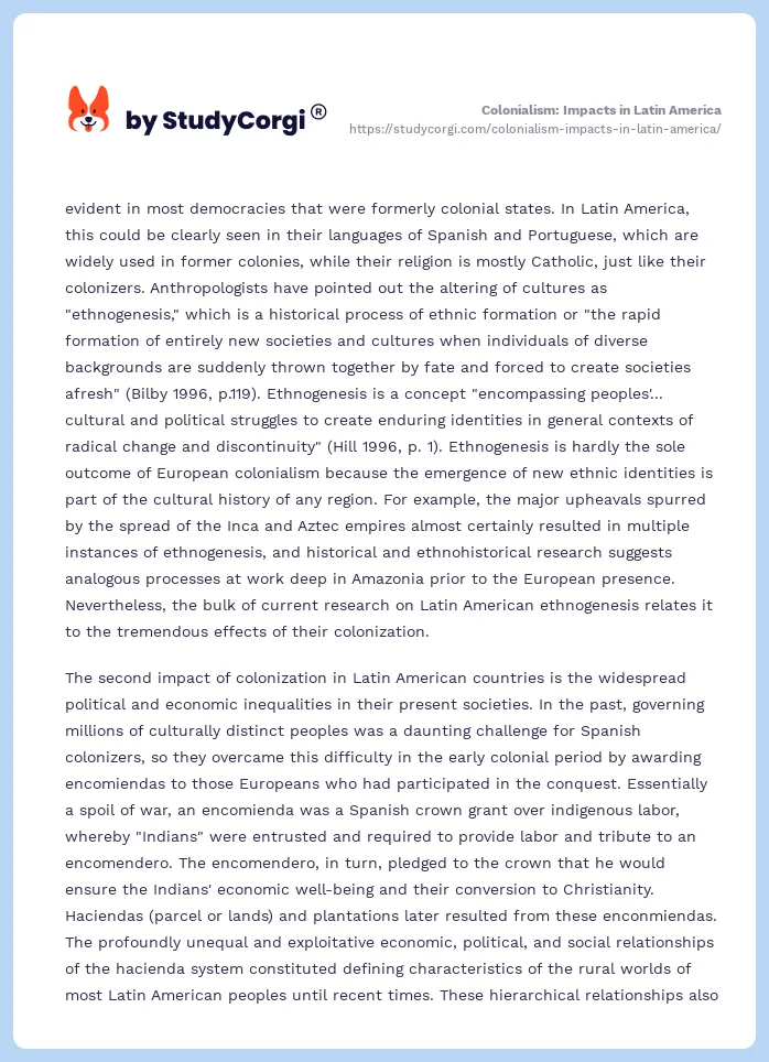 Colonialism: Impacts in Latin America. Page 2