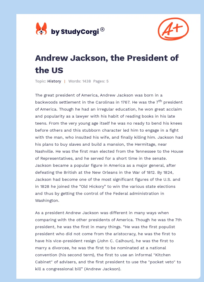 Andrew Jackson, the President of the US. Page 1