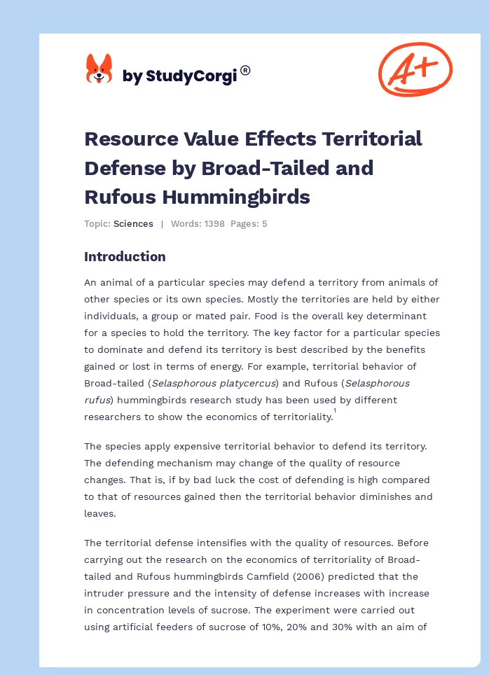 Resource Value Effects Territorial Defense by Broad-Tailed and Rufous Hummingbirds. Page 1