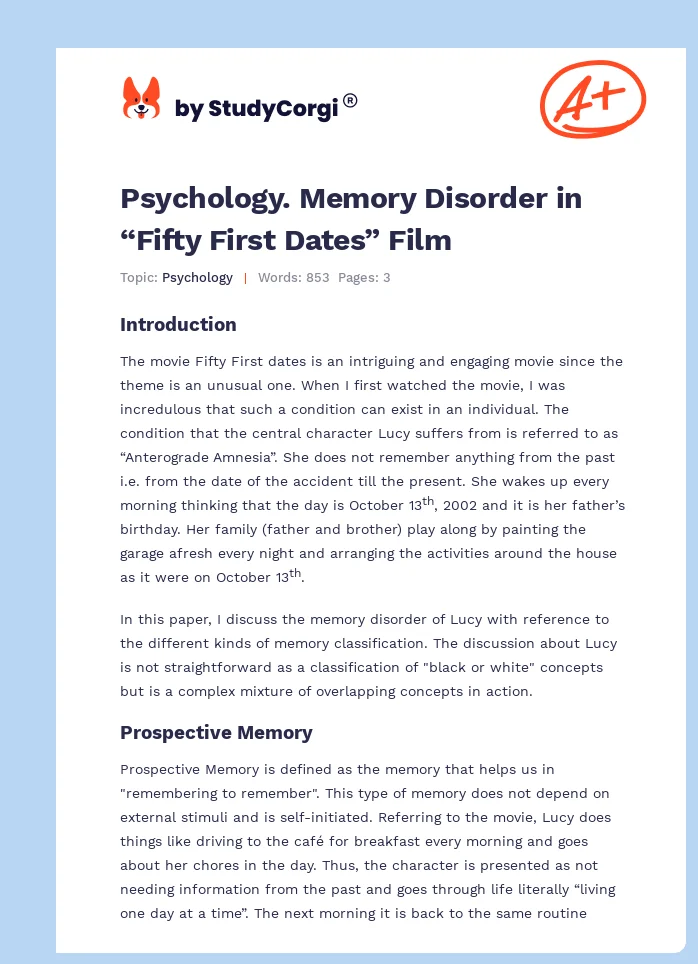 Psychology. Memory Disorder in “Fifty First Dates” Film. Page 1