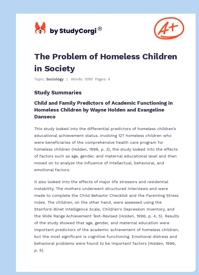 The Problem of Homeless Children in Society. Page 1