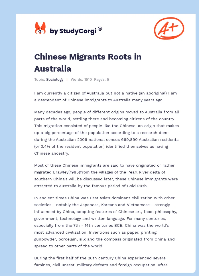 Chinese Migrants Roots in Australia. Page 1