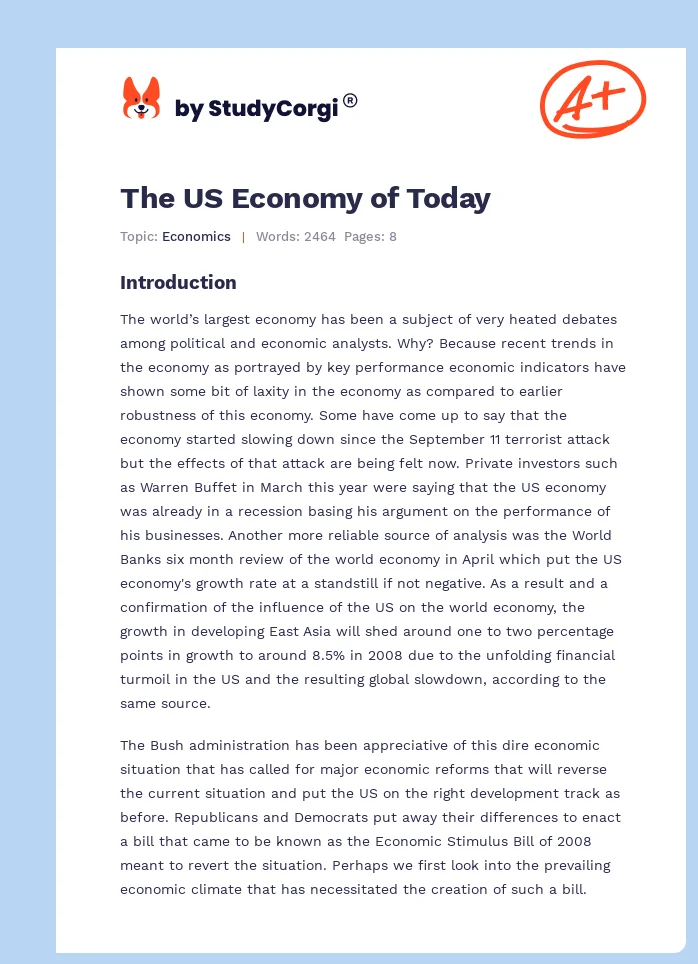 The US Economy of Today. Page 1