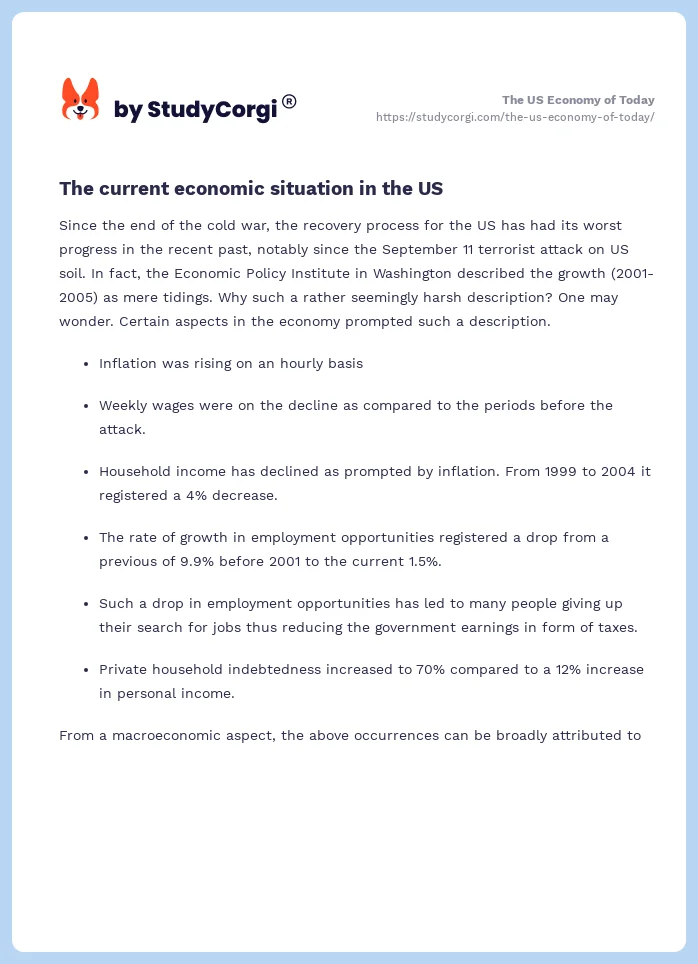 The US Economy of Today. Page 2