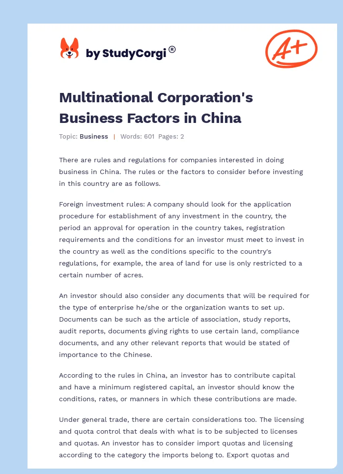 Multinational Corporation's Business Factors in China. Page 1