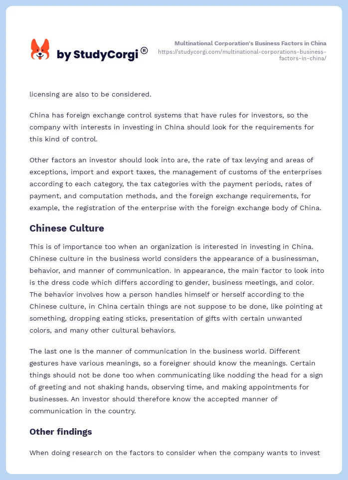 Multinational Corporation's Business Factors in China. Page 2