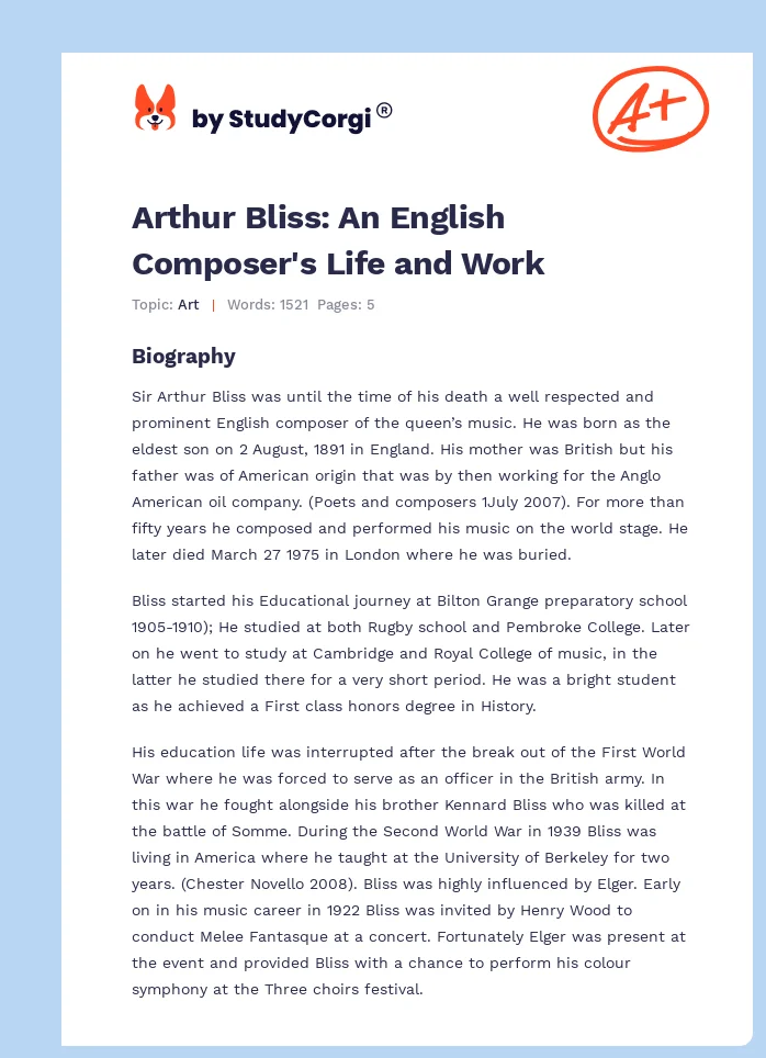 Arthur Bliss: An English Composer's Life and Work. Page 1