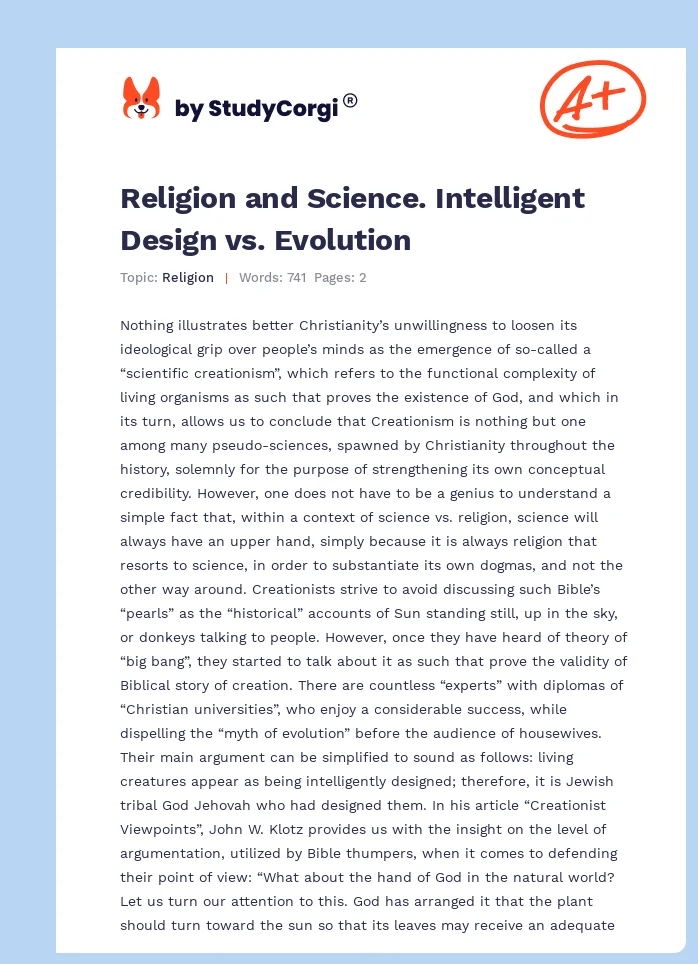 Religion and Science. Intelligent Design vs. Evolution. Page 1