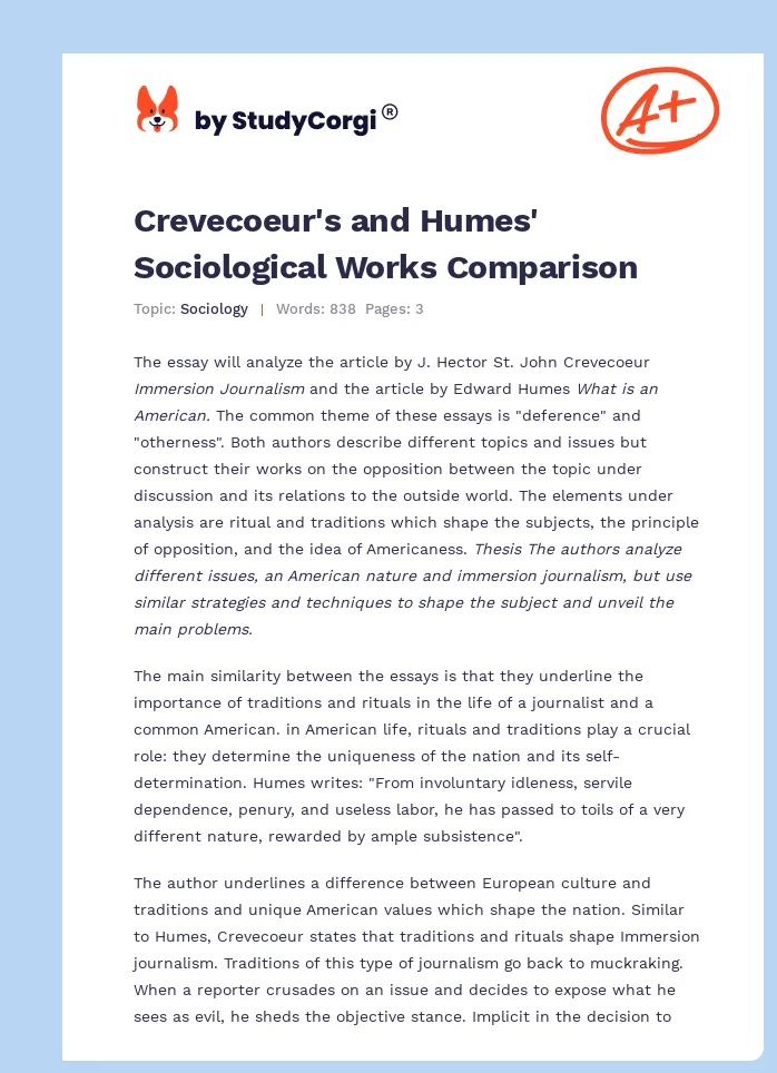 Crevecoeur's and Humes' Sociological Works Comparison. Page 1