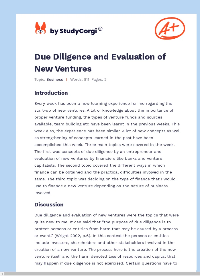 Due Diligence and Evaluation of New Ventures. Page 1