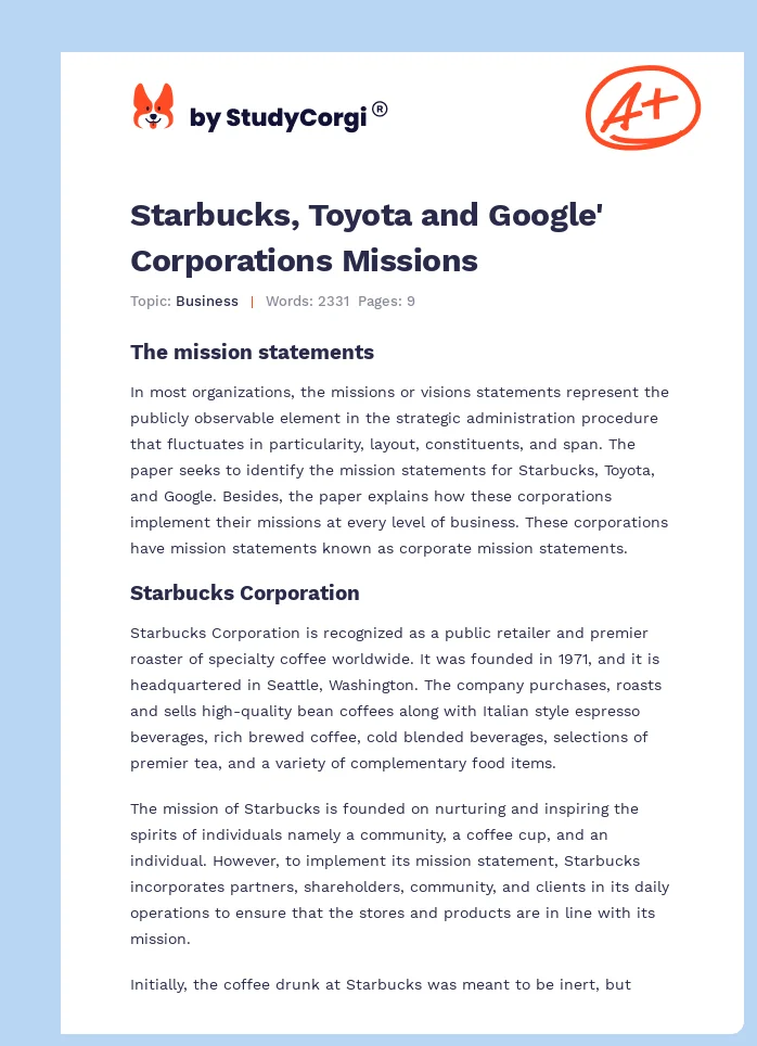 Starbucks, Toyota and Google' Corporations Missions. Page 1