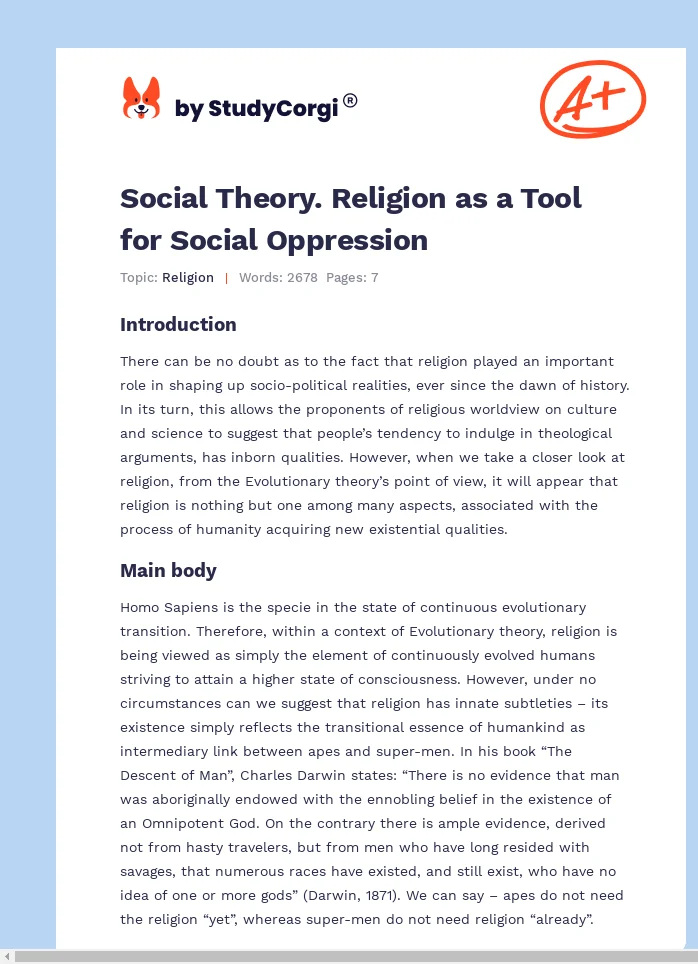 Social Theory. Religion as a Tool for Social Oppression. Page 1