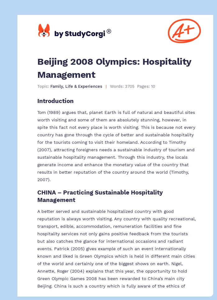 Beijing 2008 Olympics: Hospitality Management. Page 1