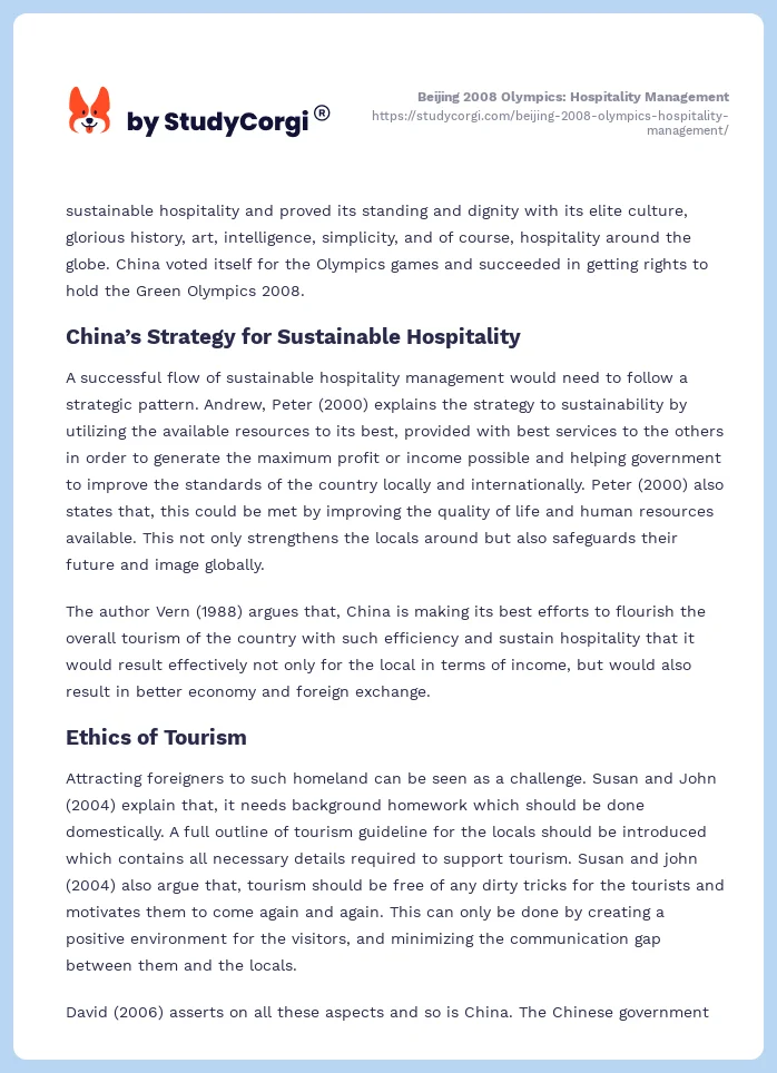 Beijing 2008 Olympics: Hospitality Management. Page 2