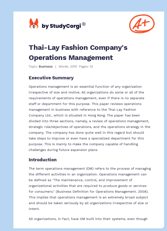 Thai-Lay Fashion Company's Operations Management. Page 1