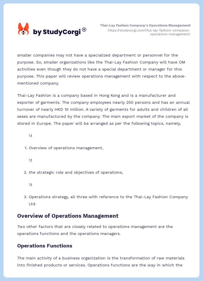 Thai-Lay Fashion Company's Operations Management. Page 2
