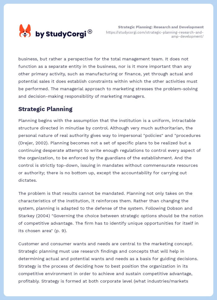 Strategic Planning: Research and Development. Page 2