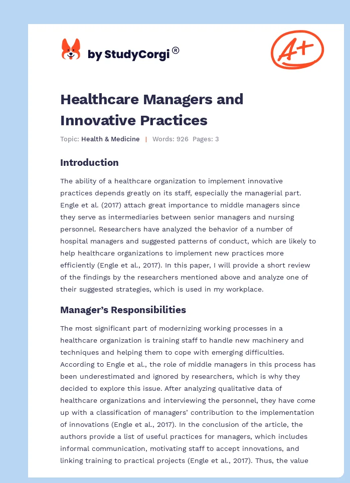Healthcare Managers and Innovative Practices. Page 1