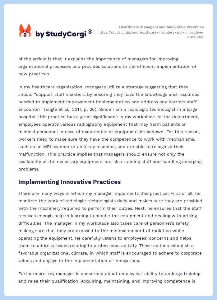 Healthcare Managers and Innovative Practices. Page 2