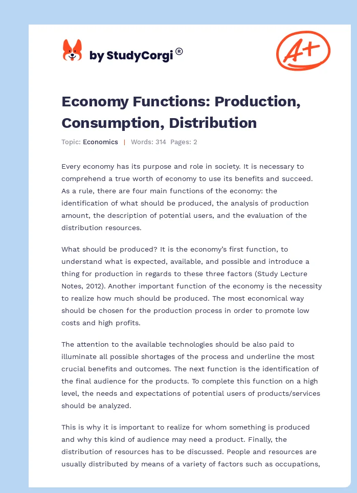Economy Functions: Production, Consumption, Distribution. Page 1