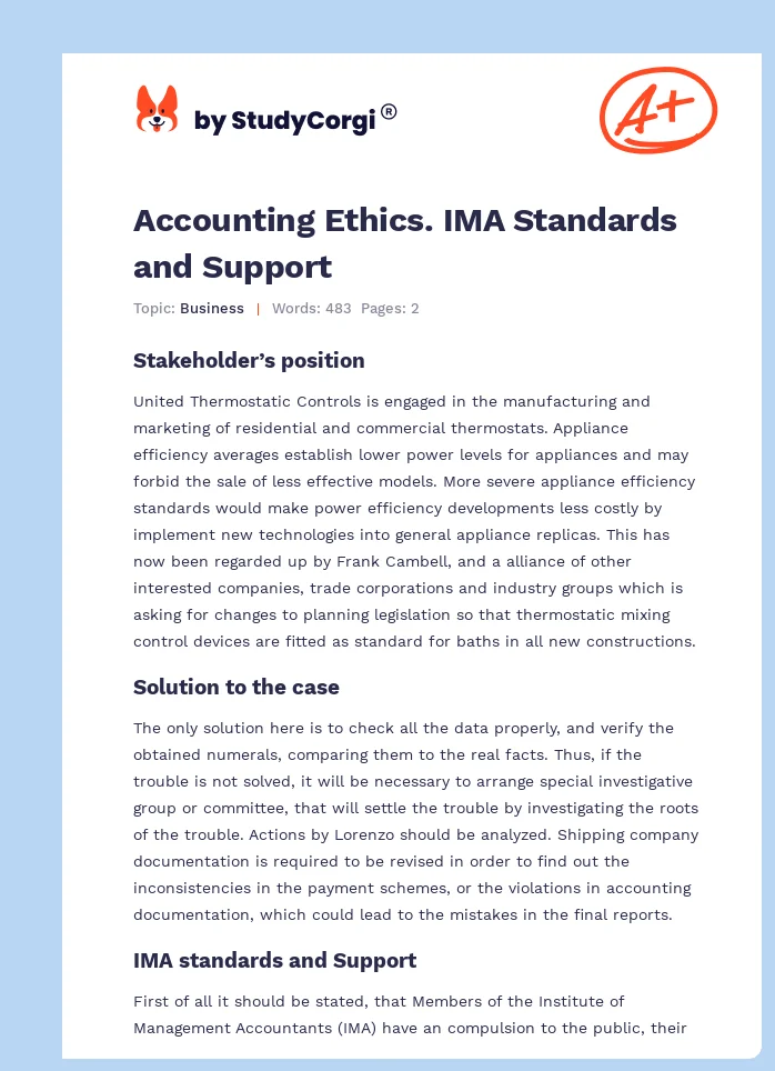 Accounting Ethics. IMA Standards and Support. Page 1