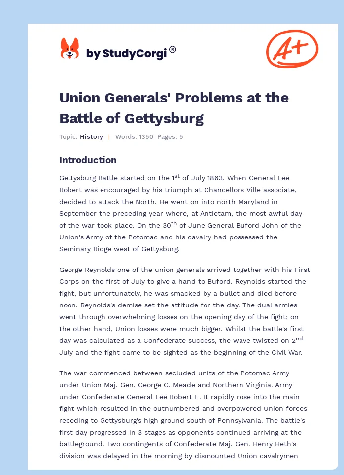 Union Generals' Problems at the Battle of Gettysburg. Page 1