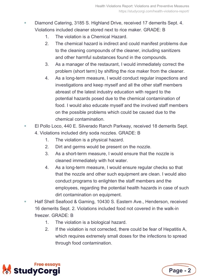 Health Violations Report: Violations and Preventive Measures. Page 2