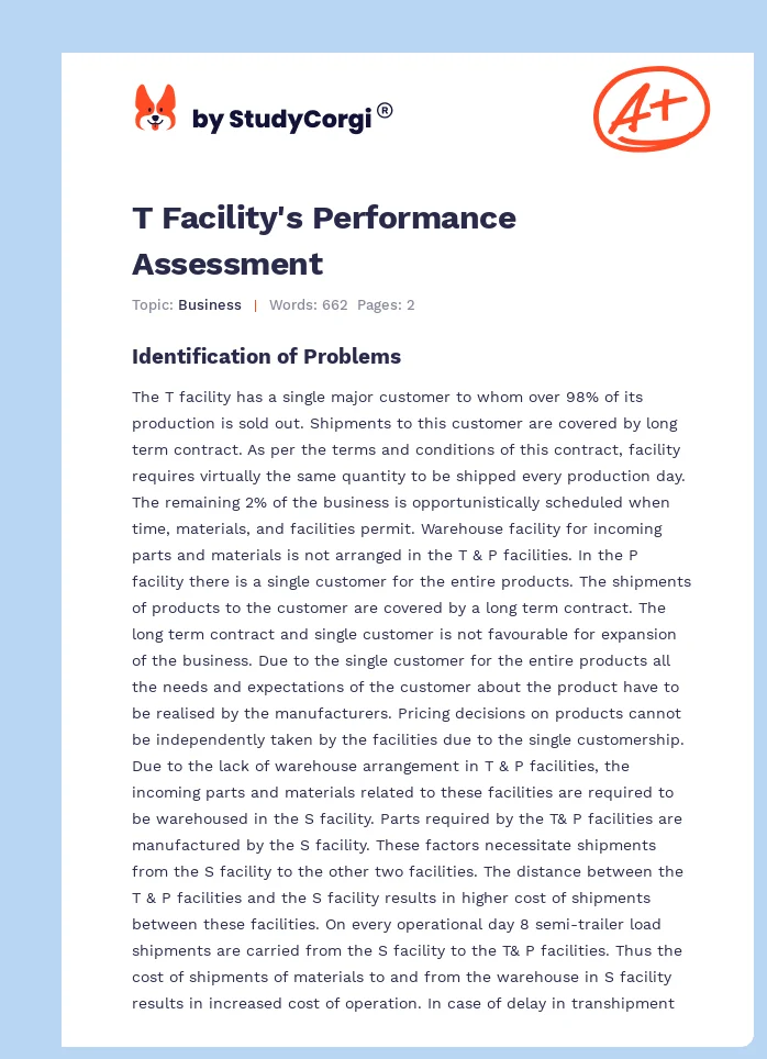 T Facility's Performance Assessment. Page 1