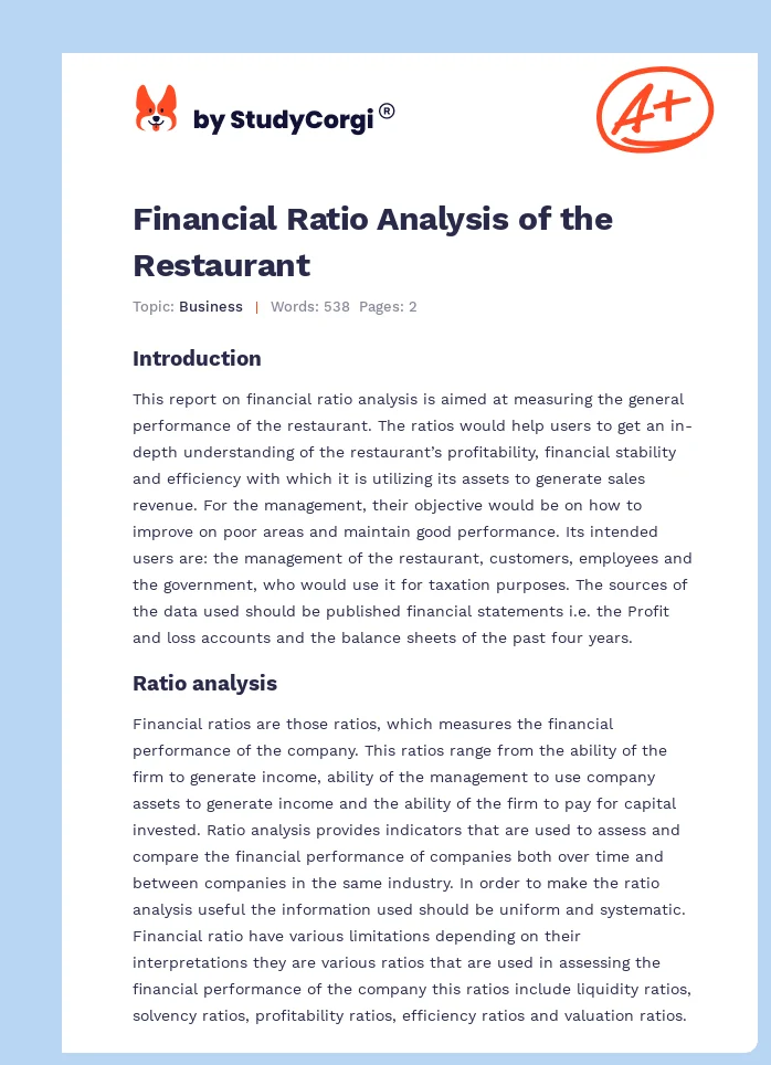 Financial Ratio Analysis of the Restaurant. Page 1