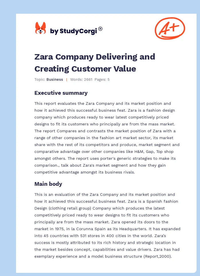 Zara Company Delivering and Creating Customer Value. Page 1