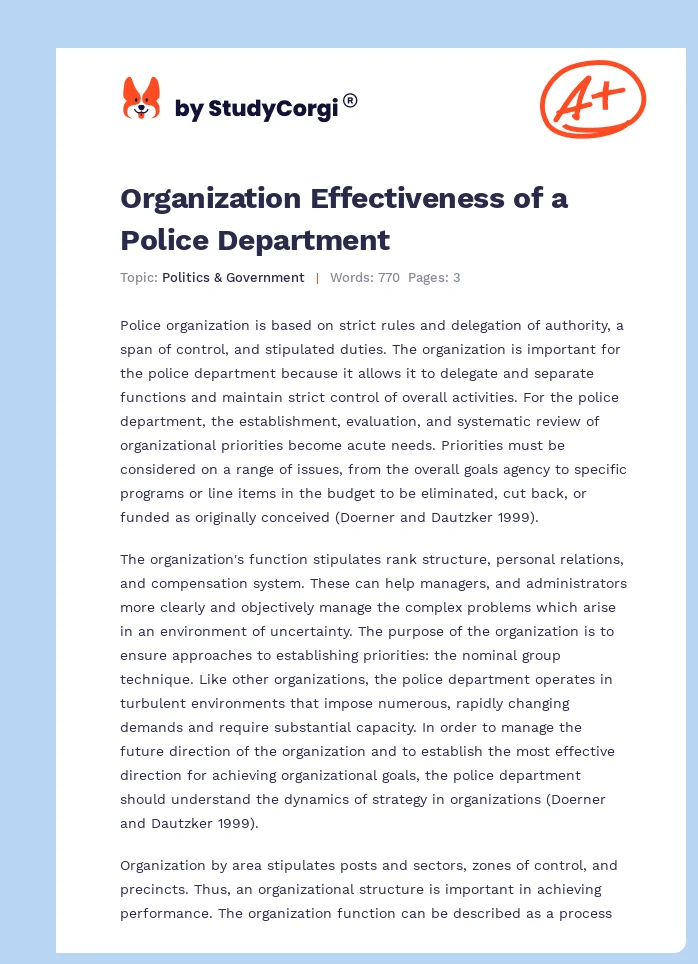 Organization Effectiveness of a Police Department. Page 1