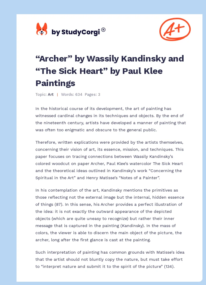 “Archer” by Wassily Kandinsky and “The Sick Heart” by Paul Klee Paintings. Page 1