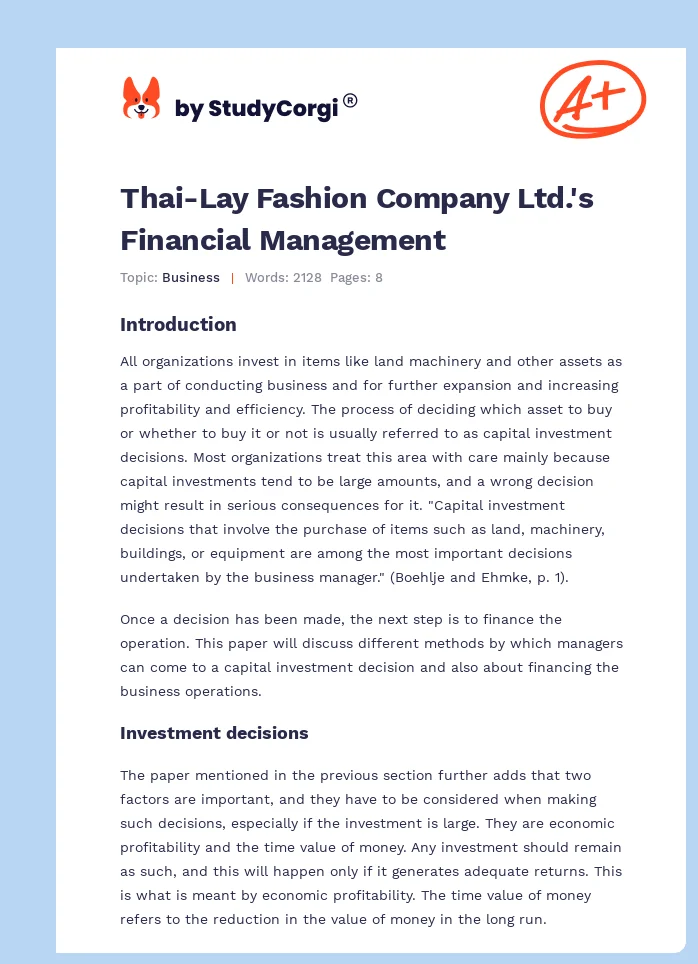 Thai-Lay Fashion Company Ltd.'s Financial Management. Page 1
