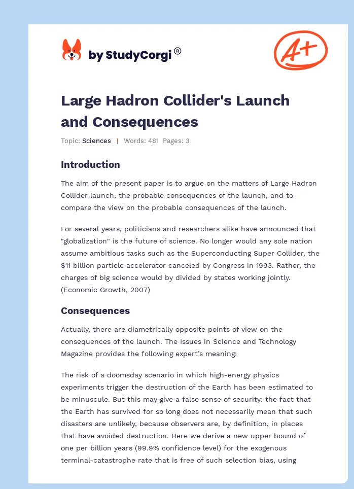Large Hadron Collider's Launch and Consequences. Page 1