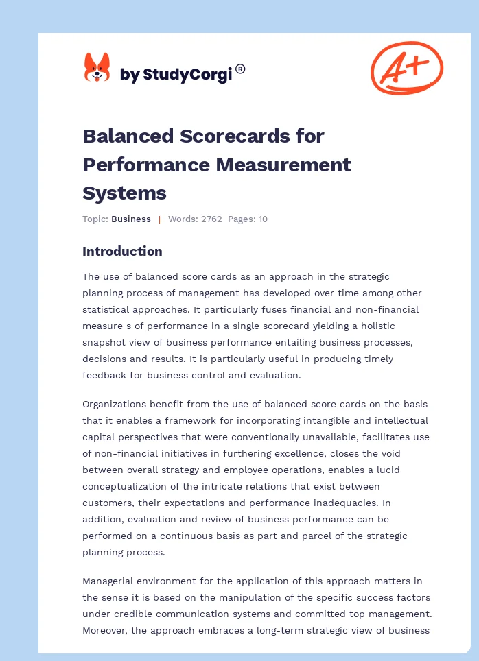 Balanced Scorecards for Performance Measurement Systems. Page 1